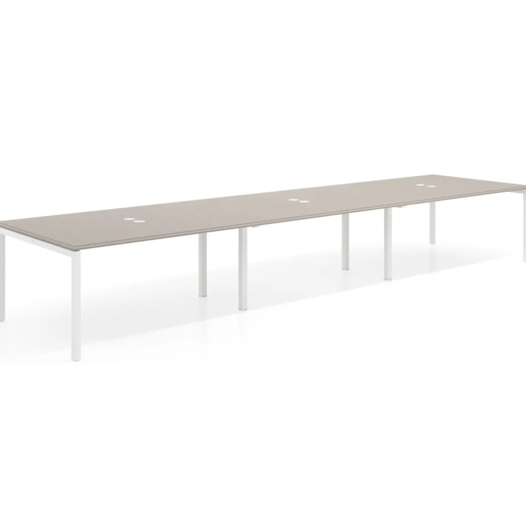 Mesa para coworking encimera continua triple Kube, fondo 126 cm, estructura blanca