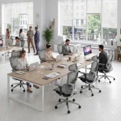 Mesa para reuniones rectangular triple, fondo 142 cm, estructura blanca