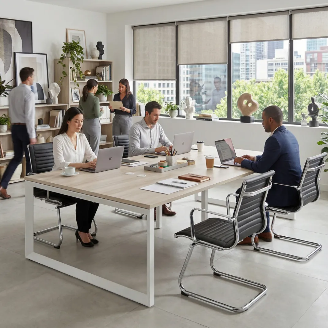 Mesa para reuniones rectangular triple, fondo 142 cm, estructura blanca