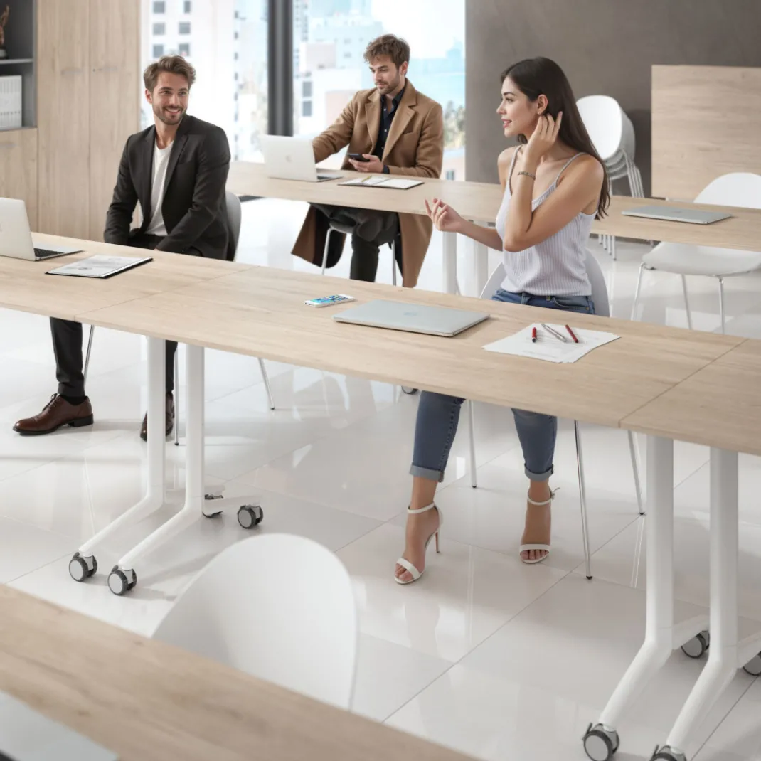 Mesa plegable pivot rectangular, estructura blanca, canto 16cm