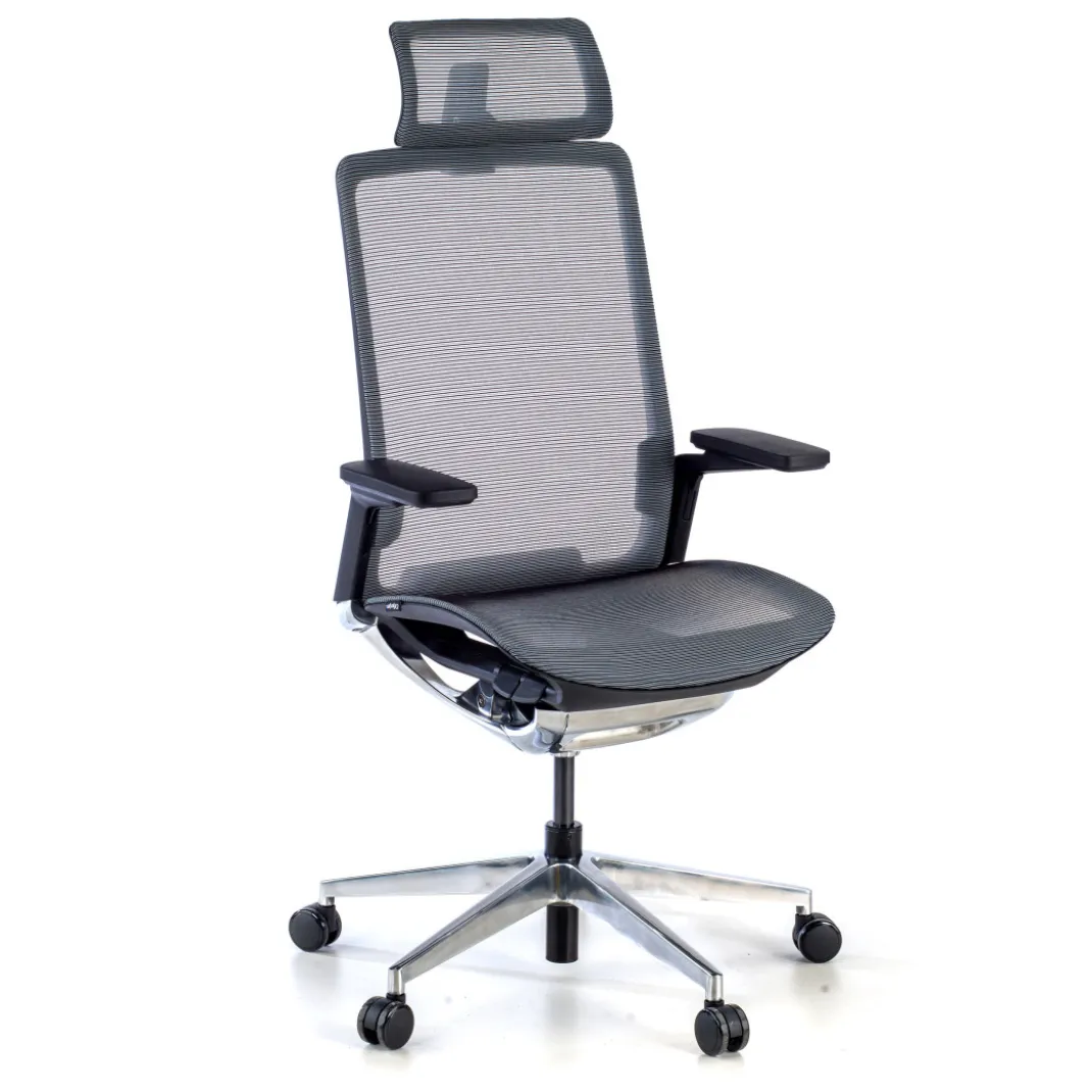 Silla de oficina ergonómica aluminio Duna red negra con reposacabezas