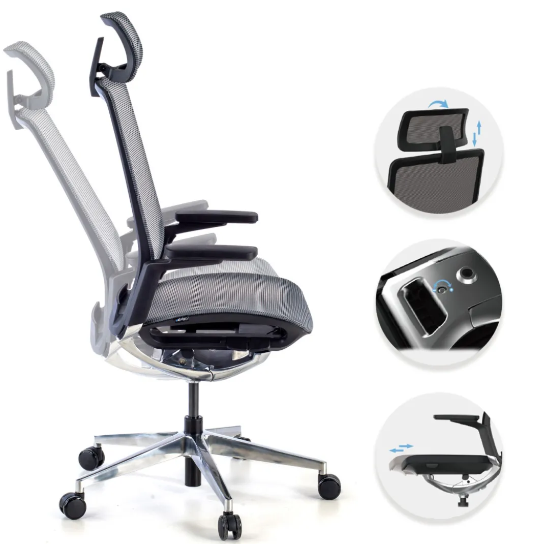 Silla de oficina ergonómica aluminio Duna red negra con reposacabezas