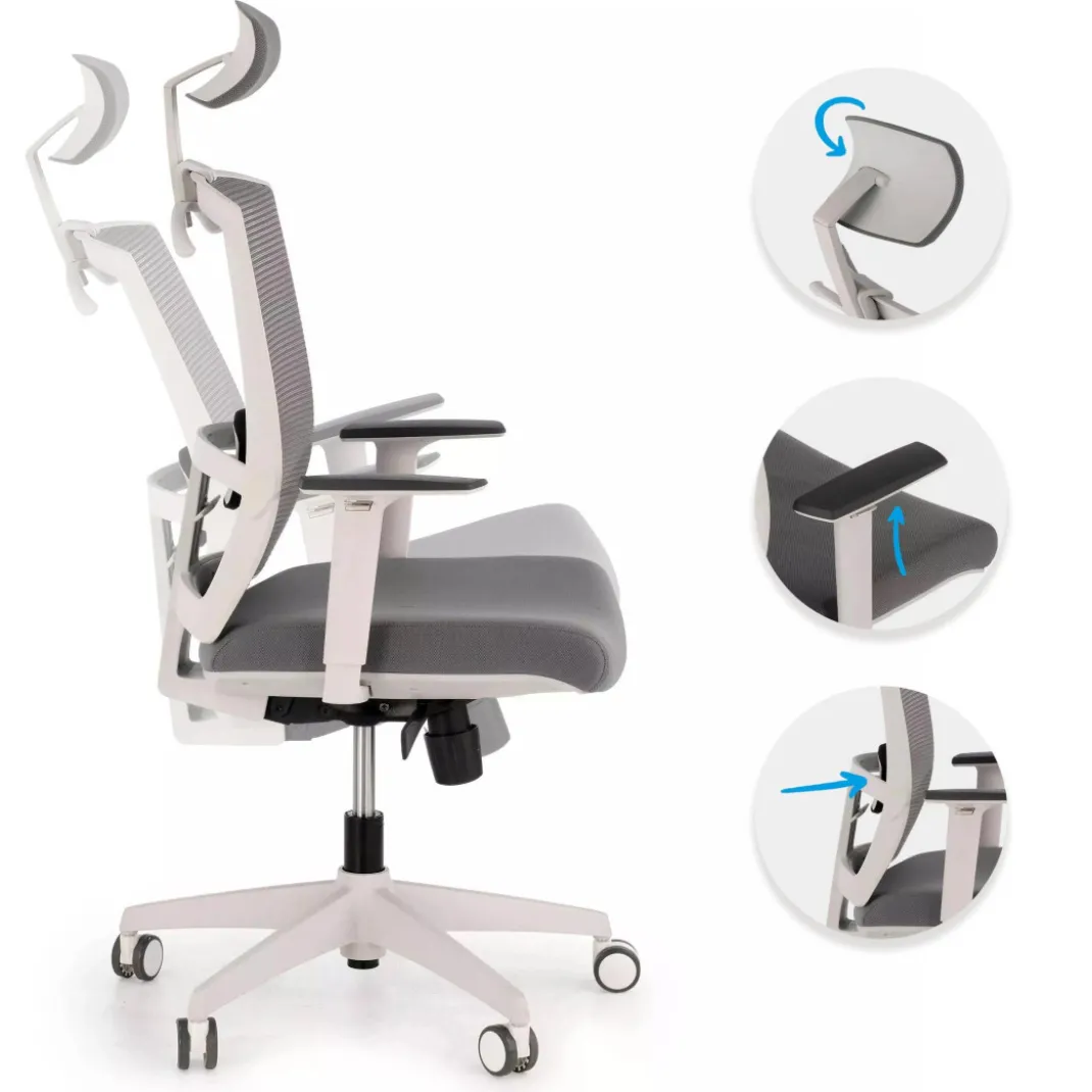 Silla de oficina Kendo white, brazos ajustables, reposacabezas, red